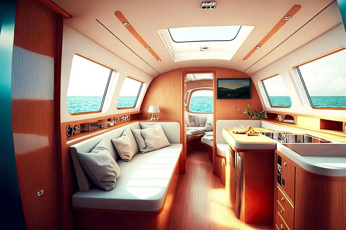 Yacht cabin interior with wraparound windows