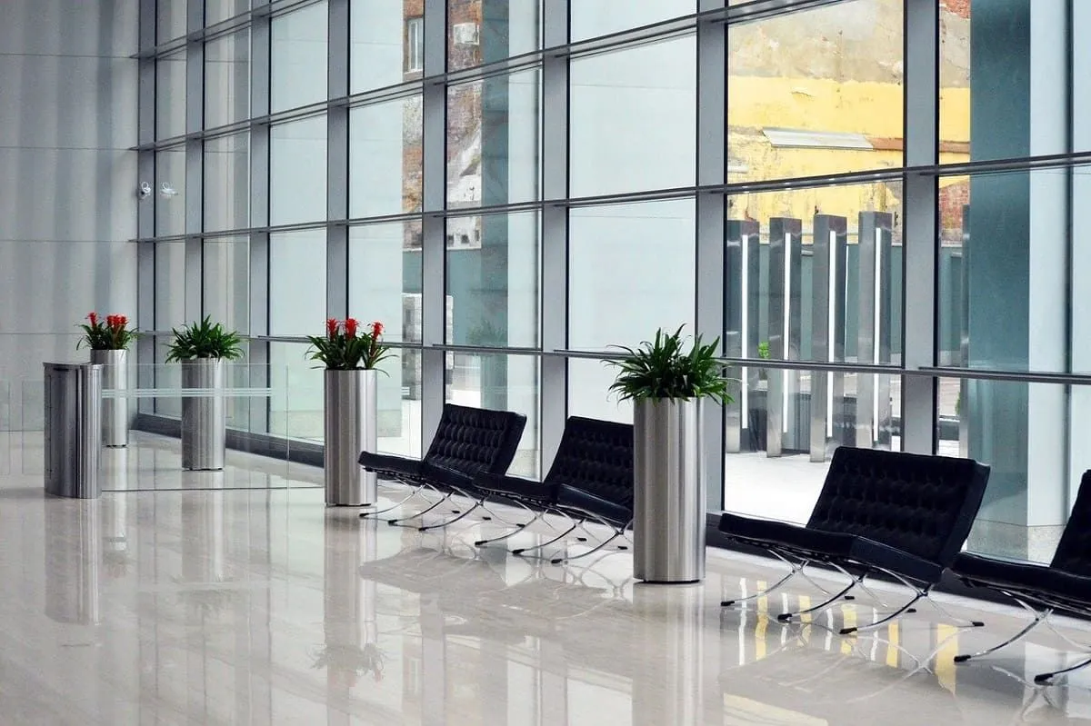 Lobby with a full glass wall