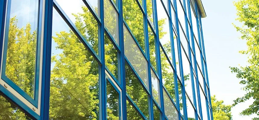 Glass wall framed by trees