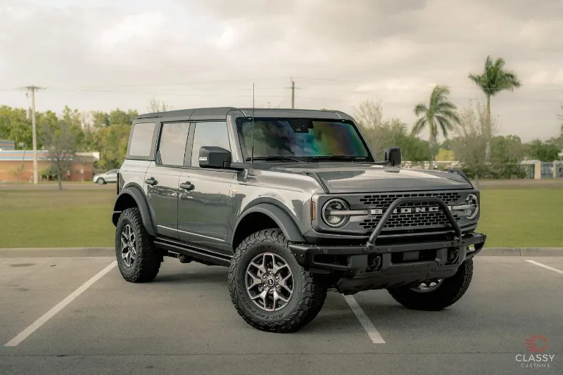 Gray Ford Bronco with off-road tires
