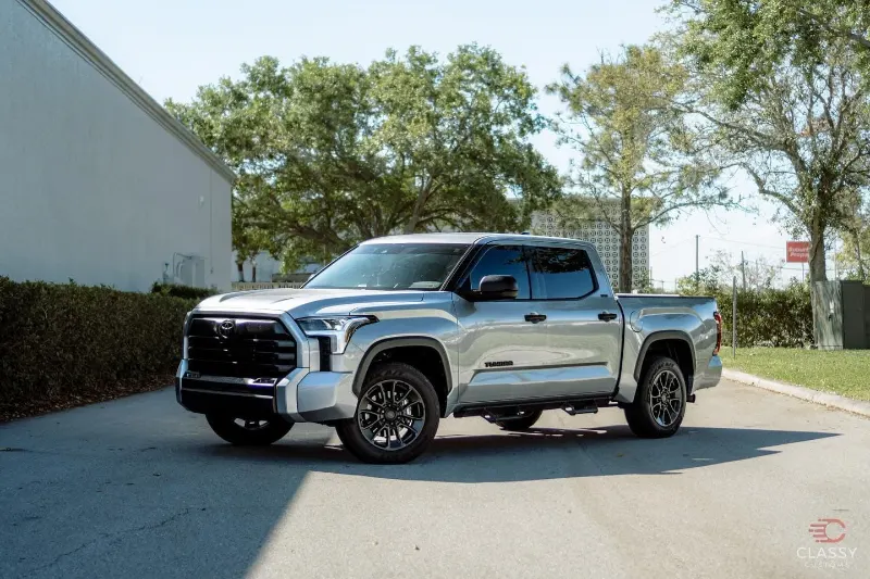 Silver Toyota Tundra pickup in the parking lot