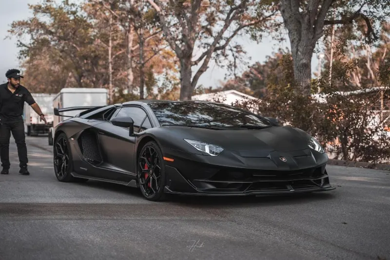 Technician next to a matte black Lamborghini