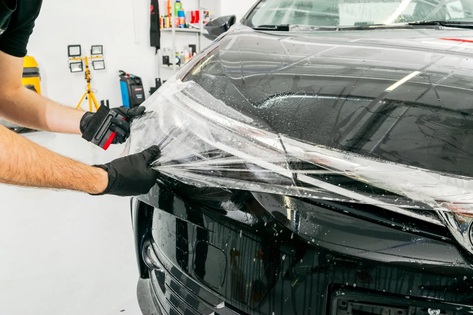 Installer applying clear paint protection film to a black hood