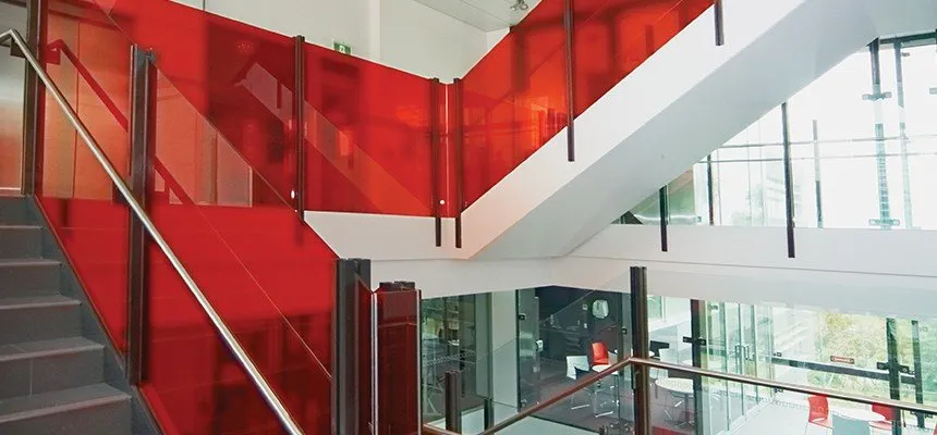 Stairwell with red translucent glass film